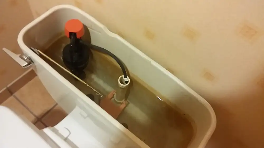Interior de una cisterna de inodoro sin tapa, con el mecanismo de descarga y el agua