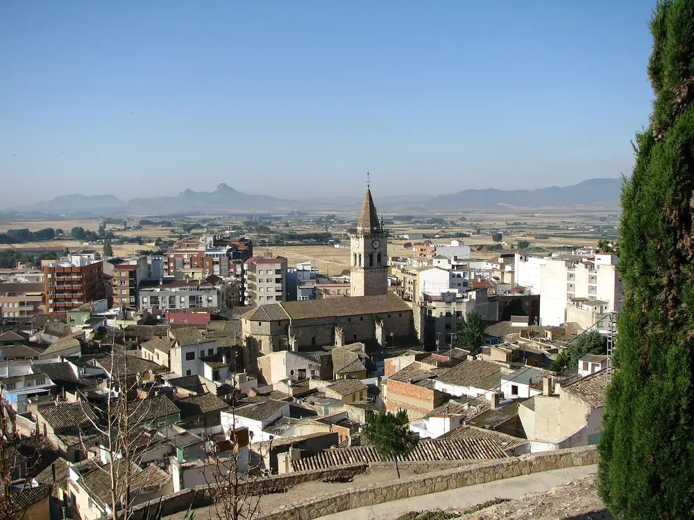 Iglesia de Santa María de Villena y tejados del barrio del Rabal, con la llanura y las sierras al fondo